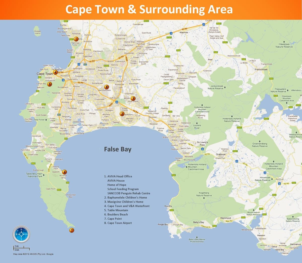 რუკა Cape Town & მიმდებარე ტერიტორიაზე