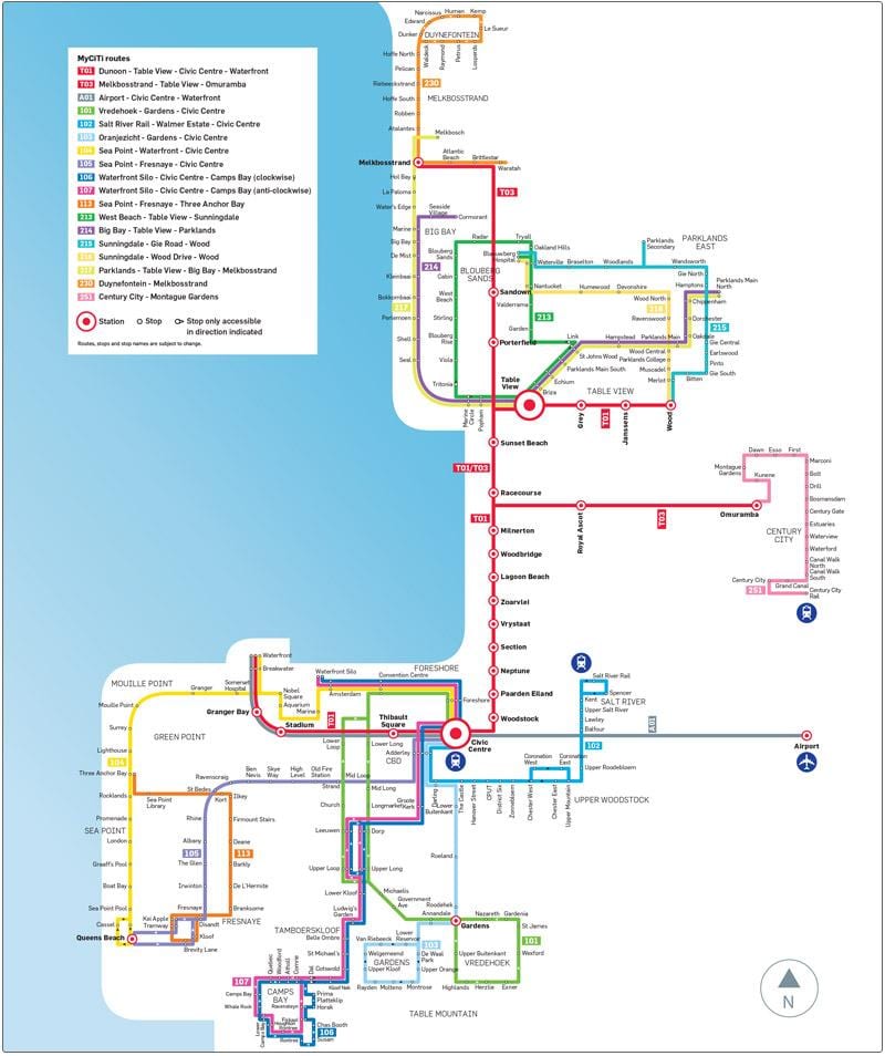 Cape Town myciti ავტობუსის მარშრუტი რუკაზე