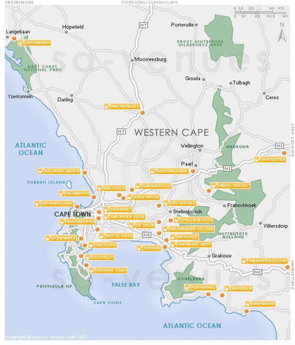 რუკა Cape Town გოლფის კურსები 