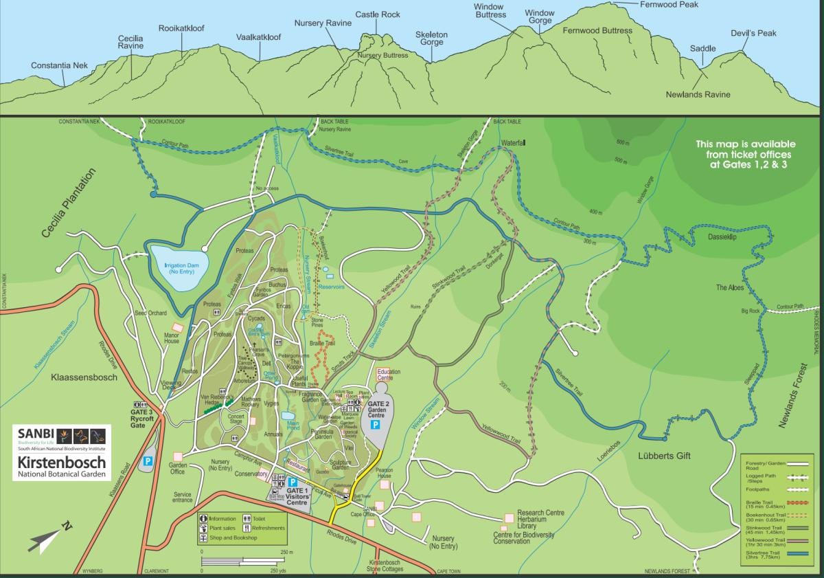 kirstenbosch ბოტანიკური ბაღები რუკა