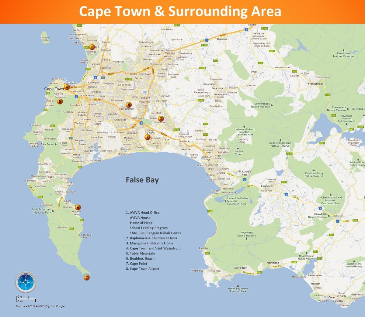 რუკა Cape Town & მიმდებარე ტერიტორიაზე