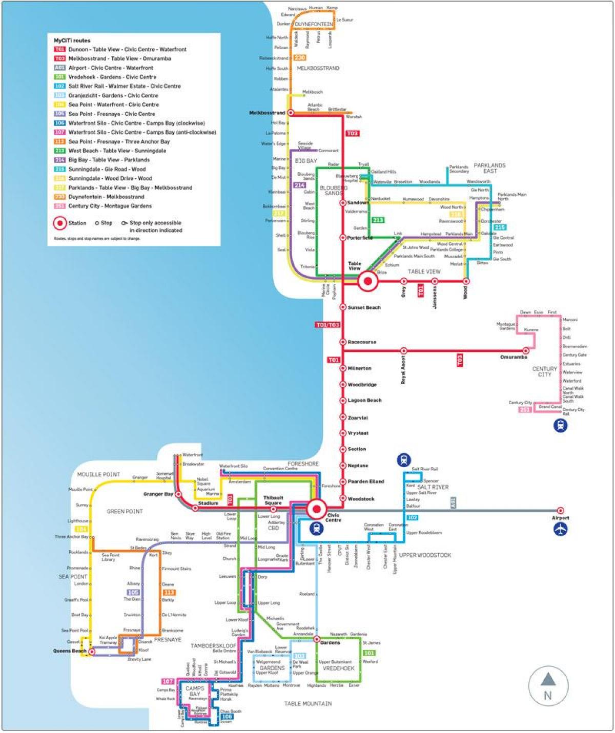 Cape Town myciti ავტობუსის მარშრუტი რუკაზე